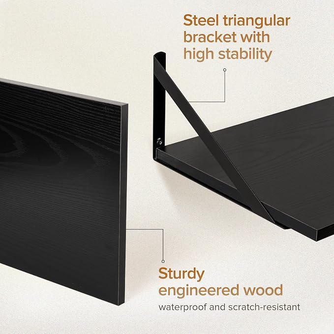 Acovy Deep Floating Shelves Wall Mounted, 16"x12" Black Wall Shelves with Brackets Set of 2 for Bedroom, Living Room, Bathroom, Kitchen, Office - Storage & Display Shelf for Decor, Books, Plants
