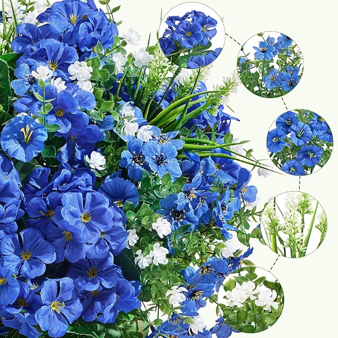 16 Bundles Artificial Flowers for Outdoors, UV Resistant Silk Faux Flowers for Outside Planters,Garden,Porch,Yard,Home Decor(Blue)