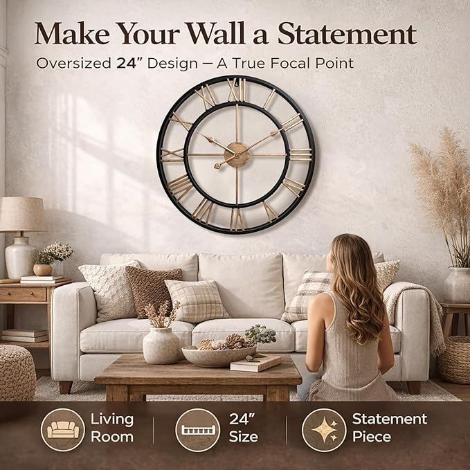 Pytha Sight 24 Inch Large Wall Clocks for Living Room, Farmhouse Roman Numeral Metal Wall Clock, Silent Non-Ticking Oversized Decorative Wall Clock for Fireplace, Dining Room, Office Decor