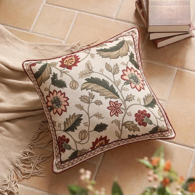 ISAENNE Designer Linen Square Throw Pillow Cover,Set of 2,18"x18"-Ratina A | Vintage French Elegant Pillow Cover,Concealed Zipper Design,Floral Pattern,Sofa,Bedroom,Living Room,Lounge Chairs