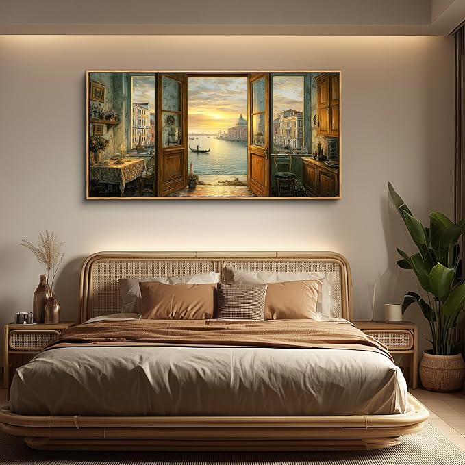 XIGUANGART Extra Large Framed Canvas Wall Art- Vintage Decor, Landscape Wall Art, Venice Grand Canal Art, Modern Farmhouse Decor, Cottagecore Living room Bedroom Bathroom Office Home Decorations