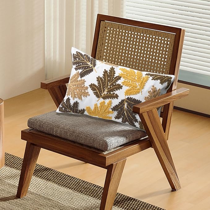 Set of 2 Embroidered Decorative Throw Pillow Covers Couch Square Pillowcases Cushion for Bedroom Sofa Farmhouse Decor 18x18 Inch (Yellow Maple Leaf-Lumbar)