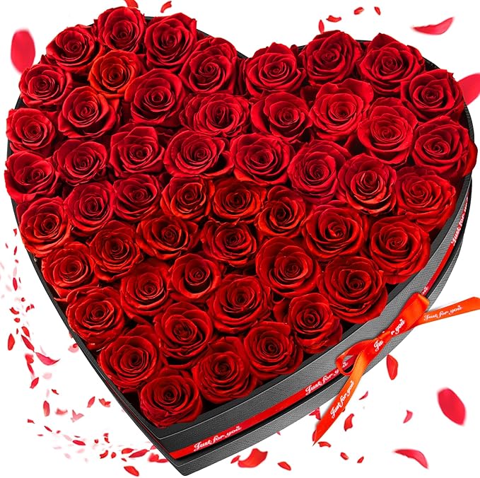 Impouo 50 Forever Flowers, Preserved Rose in Heart Shape Box, Eternal Roses, Birthday Gifts for Women, Wife, Her, Mother's Day -Red