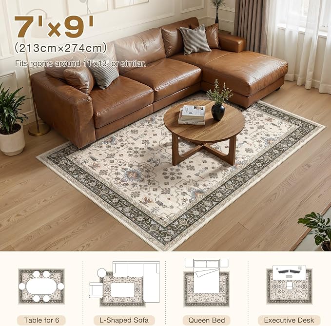 7x9 Area Rugs for Living Room - Large Carpet Ultra Thin Soft Washable Oriental Vintage Floral Distressed Big Indoor Carpets for Bedroom Nursery Dorm Home Decor Aesthetic - Brown Black