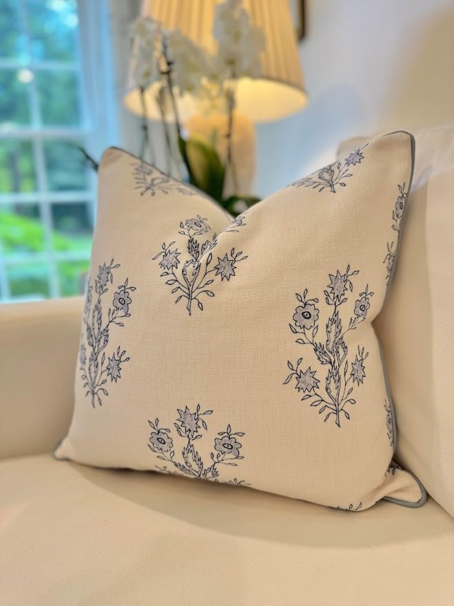 Jillien Harbor “The Mary” Blue and White Decorative Throw Pillow Cover – Floral Block Print Pillow Cover – Grandmillennial Home Decor, 19" x 19"