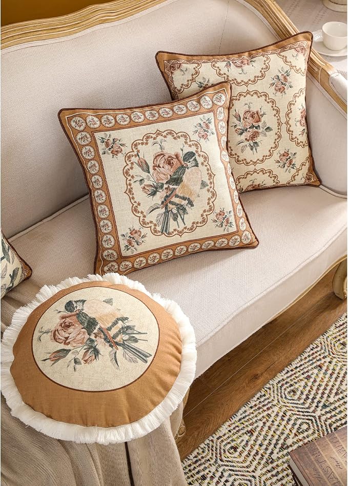 patdrea Vintage Linen Pillow Cover,Diameter 16",Set of 2-ParkerEstate D | French Decorative Pillow Case with Zipper,Bird and Floral Pattern,Cushion Coverfor Couch Living Room Bedroom