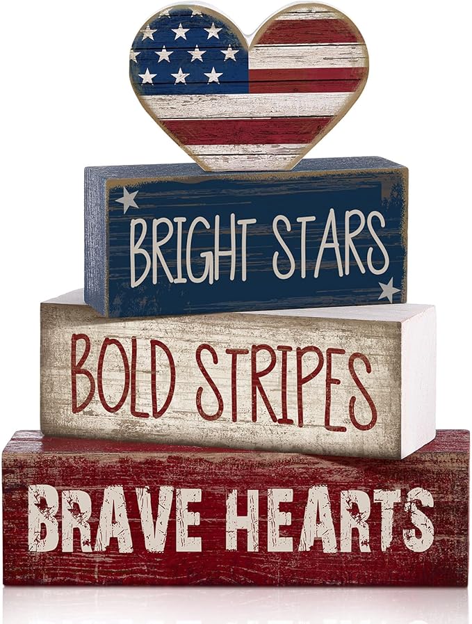 CroBlissful 4 Pcs 4th of July Decorations Patriotic Memorial Day Tabletop Decorations Red White Blue Table Centerpieces Sign for Office Tiered Tray Home Shelf 250th Anniversary(Brave Heart)