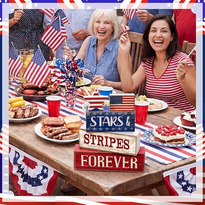 CroBlissful 5 Pcs 4th of July Decorations Patriotic Memorial Day Tabletop Decoration Forever Red White Blue Table Centerpieces Sign for Office Tiered Tray Home Shelf 250th Anniversary
