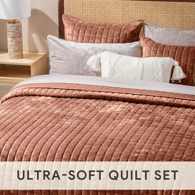 RECYCO Luxury Velvet Quilt Set King Size Bedding Sets, Ultra Soft Velvet Comforter Set, Lightweight Channel Box Stitch Oversized Bedspread Coverlet for All Season, with 2 Shams, Terracotta