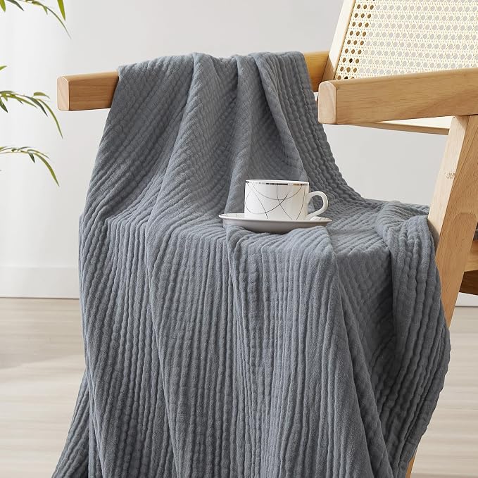 David's Home Soft Muslin Blanket King Size for Adults, 60% Rayon 40% Cotton, Breathable Lightweight Cooling Blanket for Hot Sleepers, 4-Layer Cozy Gauze for Bed, 108"x90", Grey