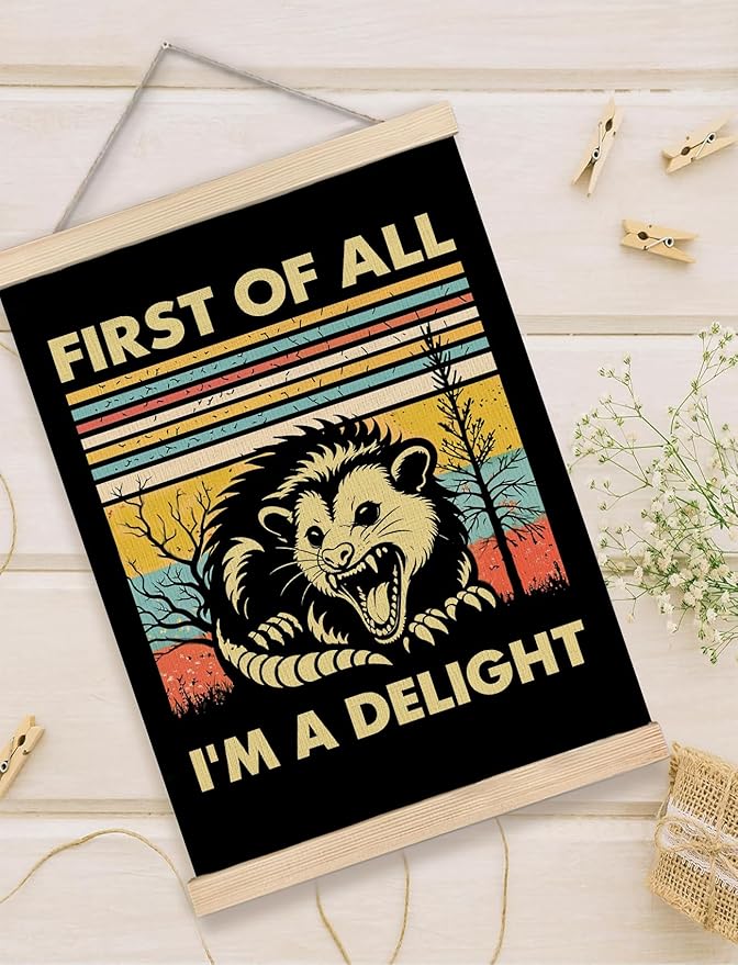 Foritho First of All I'm a Delight Sarcastic Angry Opossum Poster Wall Art Framed, Gifts for Opossum Lovers, 70s Retro Funny Animal Meme Canvas Prints Wall Decor for Home Office, 12x16 Inch