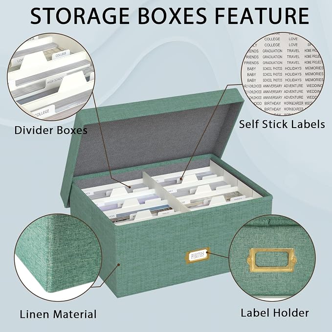Decorative Photo Storage Box - Linen Photo Box Organizer with Dividers, Fits Holds Up to 1700 Pictures and 5x7 Photos, Memory Keepsake Organizer for Photos, Scrapbook Supplies, Cards, Stamps (Green)
