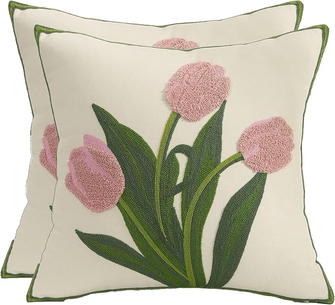 Pink Tulip Pillow Covers 16X16 Pack of 2 Spring Summer Embroidery Throw Pillow Covers Flower Pillowcases Accent Decor Cushion Cover Square Farmhouse Floral Decoration Pillow Cases
