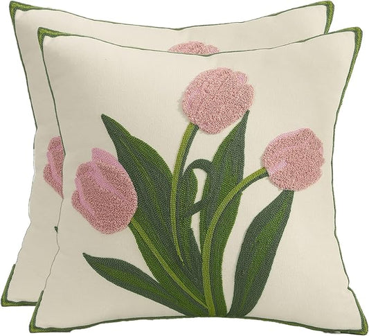 Pink Tulip Pillow Covers 16X16 Pack of 2 Spring Summer Embroidery Throw Pillow Covers Flower Pillowcases Accent Decor Cushion Cover Square Farmhouse Floral Decoration Pillow Cases