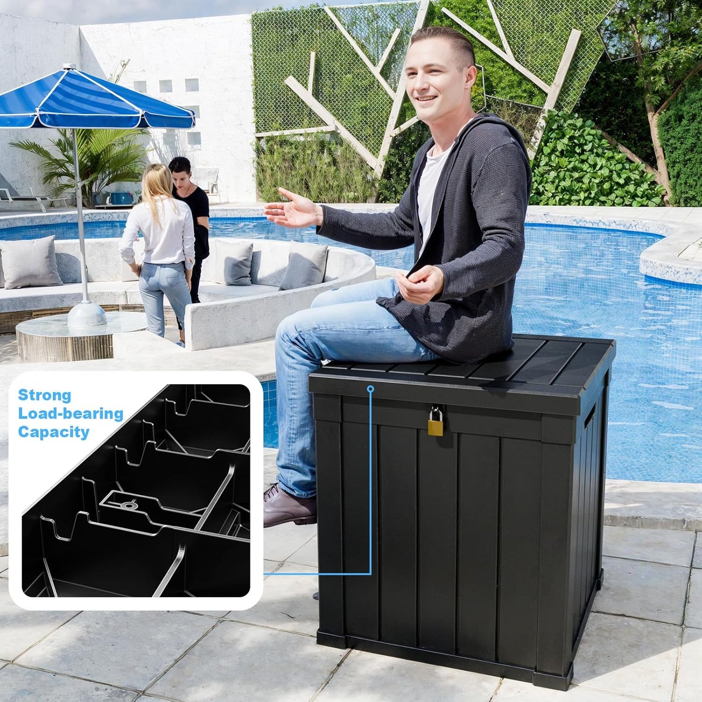 50 Gallon Resin Deck Box, Lockable Outdoor Storage Box for Patio Cushions Storage Furniture,Garden Tools, Pool Supplies, Weatherproof and UV Resistant（Black）