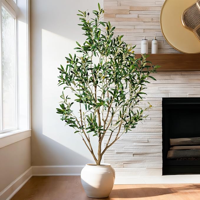 5FT Artificial Olive Tree with Realistic Leaves & Natural Trunk, Faux Silk Olive Plant in White Planter, Tall Fake Tree for Modern Home Office Living Room Entryway Corner Decor, Maintenance Free