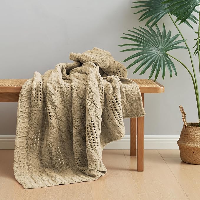 Amélie Home Chunky Knit Throw Blanket, Dual-Sided Soft Chenille Breathable Cable Knitted Blanket for Couch, Farmhouse Decorative Throw for Sofa & Chair, 60"x80", Beige