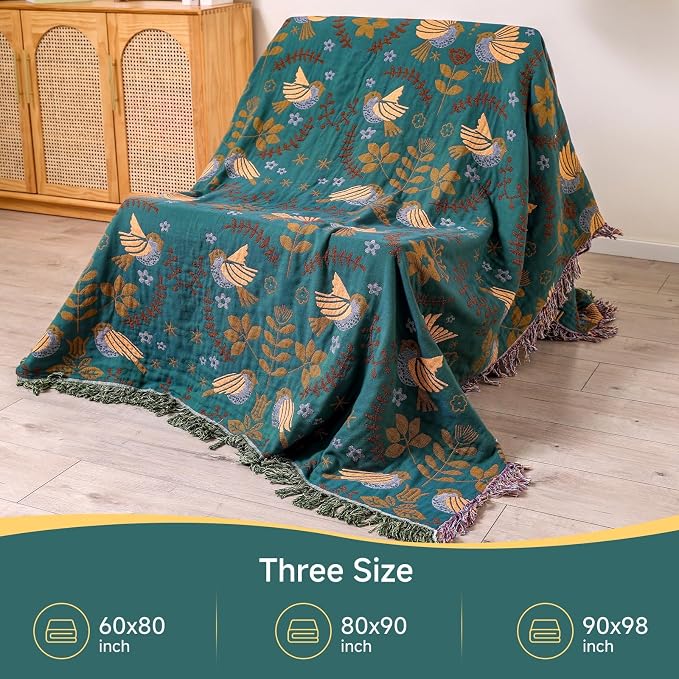 King Size Boho Throw Blanket for Sofa Couch Decor 100% Cotton Woven Bed Throws for All Season Lightweight and Soft Farmhouse Reversible Summer Muslin Blanket for Travel Picnic, Teal/Cream, 90''x98''