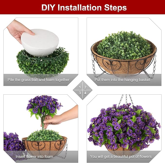 Ammyoo Artificial Hanging Flower Plants with Basket for Spring Summer Outdoor Decoration, Faux Petunias Flowers Fake Morning Glories Planter for Outside Patio Garden Porch Balcony Yard Decor(Purple)