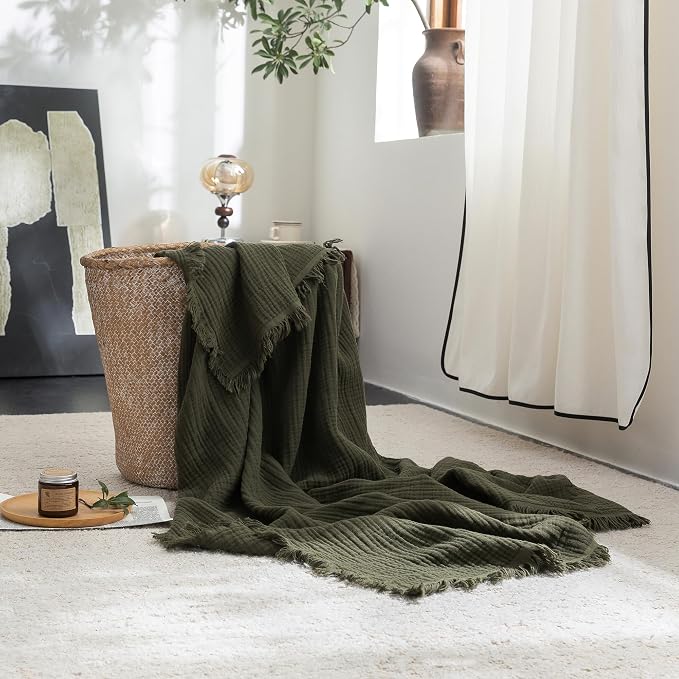 FOSSA Muslin Blanket 4-Layer 100% Cotton Gauze Blanket with Fringe 50"x60" | Super Soft Breathable Lightweight All Season & Decorative Blanket or Bed, Sofa, Office (Olive Green,Throw)