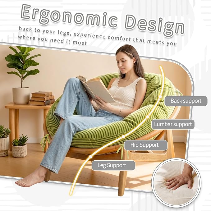 Papasan Breathable Round Chair Cushion (Without Chair) with Detachable Corduroy Cover,48 x 48 x 6 Inch Oversized Round Chair Pad Supportive Cushion, Overstuffed Chair Cushion,Memory Foam Filling,Sage