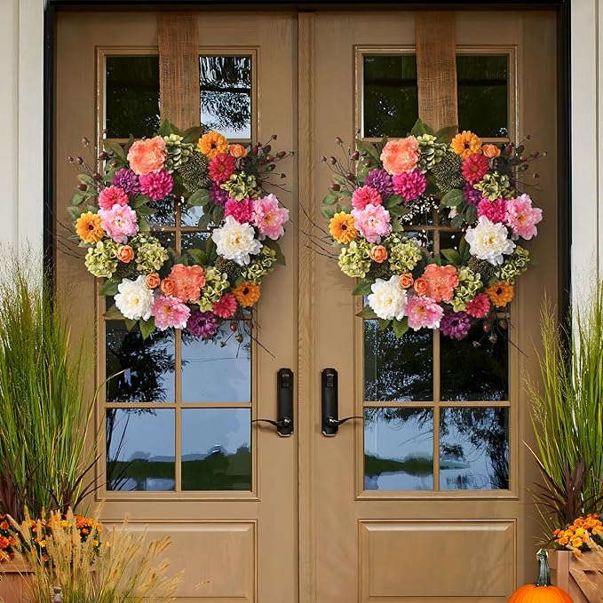 Spring Decor, Spring Wreaths for Front Door, 22 Inch Spring Front Door Wreath Indoors Outdoor Decor with Hydrangea, Peony, Floral Summer Wreaths for Front Door Outside All Season for Home Porch Decor