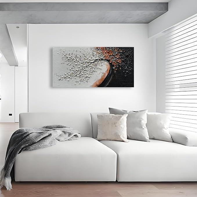 Hand-Painted 24x48 inch White and Black Abstract Flower Tree Painting Canvas Mural Living Room Bedroom Dining Room Wall Art Deco Painting
