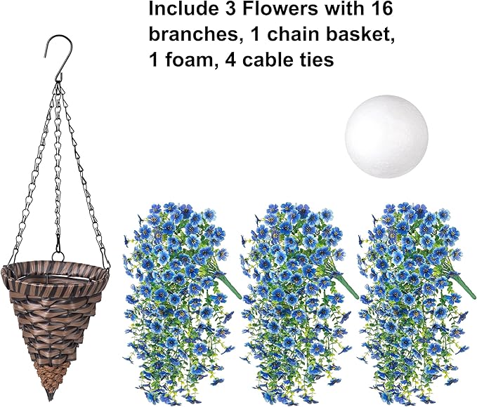 HyeFlora Artificial Hanging Flowers Basket for Outdoor, Fake Flowers Faux Plants Look Real for Yard Gardens Porch Patio Home (Blue)