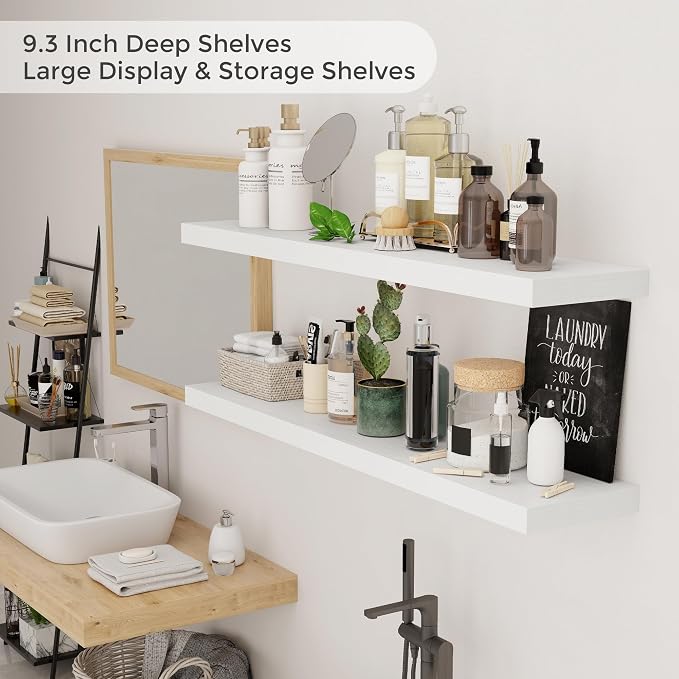 Floating Shelves for Wall, 48 inch Extra Long White Floating Shelves, 9.3in Deep Wall Floating Shelf for Living Room, Bathroom, Kitchen, Office, Floating TV Stand, Fireplace Mantel, 2 Packs