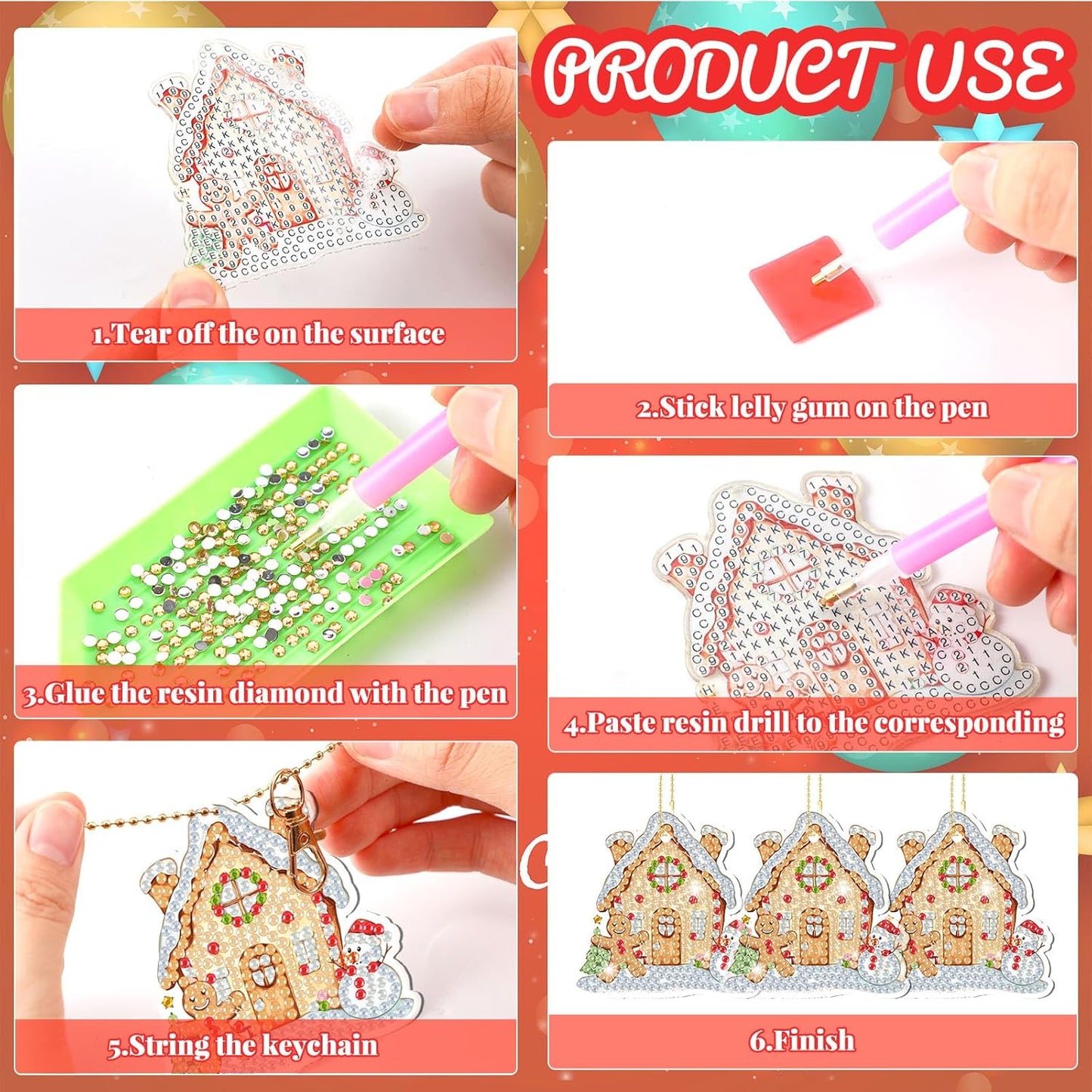 Tondiamo 20 Pcs Christmas Diamond Painting Keychain Kits 5D DIY Diamond Art Pendants Double Sided Hanging Key Chains for Christmas Party Decoration DIY (Gingerbread House)