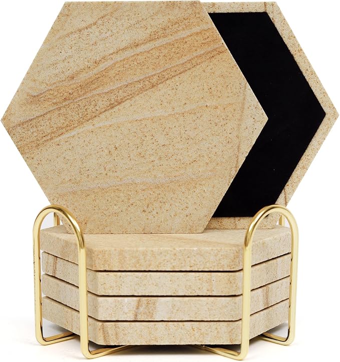 Hexagonal Sandstone Coasters Set of 6 with Holder, Absorbent Stone Coasters with Soft Backing for Table Protection, Farmhouse Rustic Sandstone Coaster for Coffee Table Desk Patio Home Decor