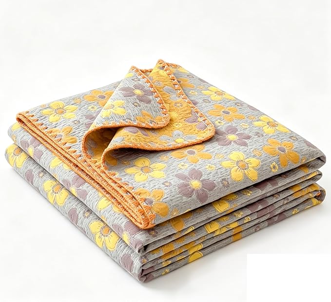 NIDITW Checkerboard Cotton Muslin Throw Blanket for Couch 6-Layer Checkered Gauze Blanket Soft Breathable All Season for Couch Bed Sofa (Yellow Flowers, Full)