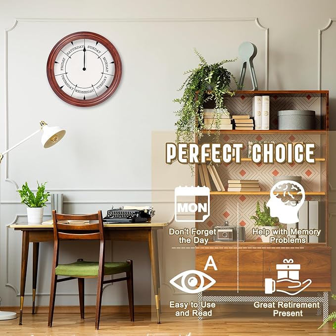 Day of The Week Clock 14Inch Retirement Wall Clock with Wood Frame Day Wall Clock for Men Women (Dark Reddish Brown)