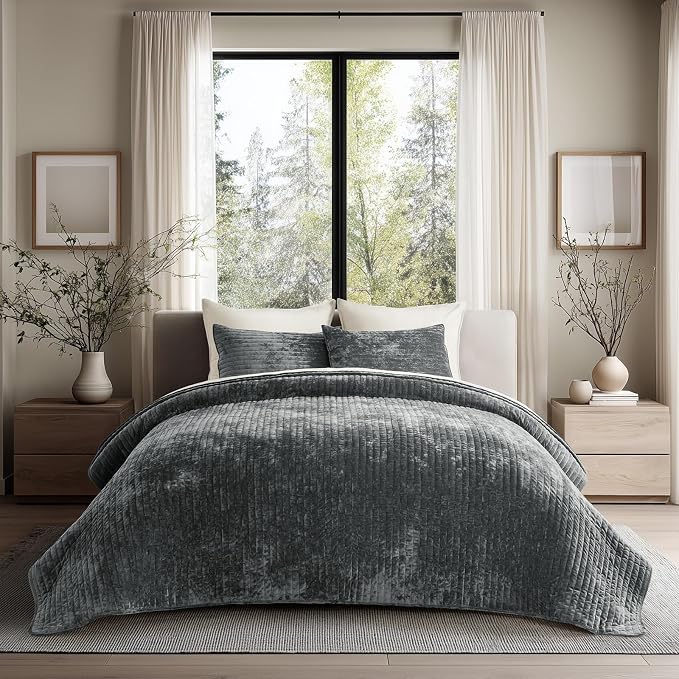 EverGrace Velvet Quilt Set Queen Size, Luxurious Soft Striped Channel Bedding Set, Lightweight Velvet Comforter for All Season, Oversized Bedspread Coverlet with 2 Matching Shams, Charcoal Gray
