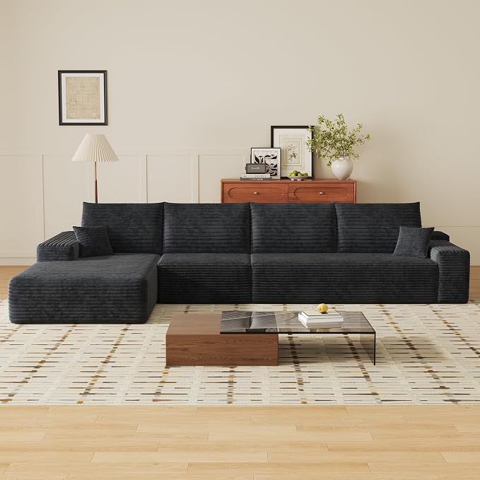 135" Corduroy Couch Sectional with Chaise, L Shape Boneless Cloud Couches for Living Room Bedroom, Modular Corner Couch, Fluffy Deep Seat Compression Sofa, Left Facing Chaise, No Assembly, Black