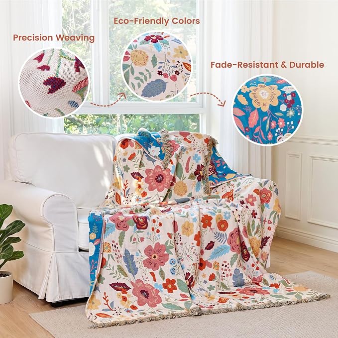 MSGKV Boho Throw Blanket for Couch 100% Cotton Floral Blanket 50"x60" Sofa Bed Chair Blanket All Seasons Lightweight Farmhouse Muslin Summer Breathable Blankets Home Decor