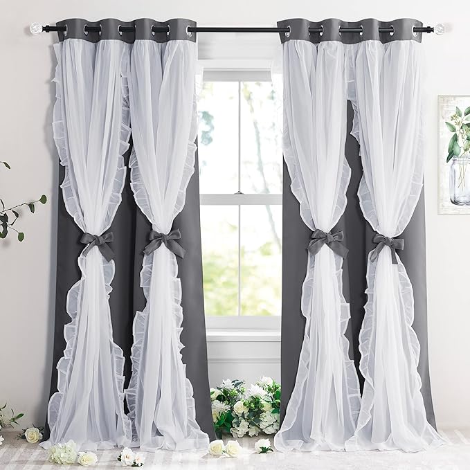 PONY DANCE Shabby Chic Curtains with Ruffle Sheer Overlay for Girls Bedroom, Double Layer Blackout Drapes,Farmhouse Rustic Design, W 52 x L 95 Inches, Grey, 2 Panels