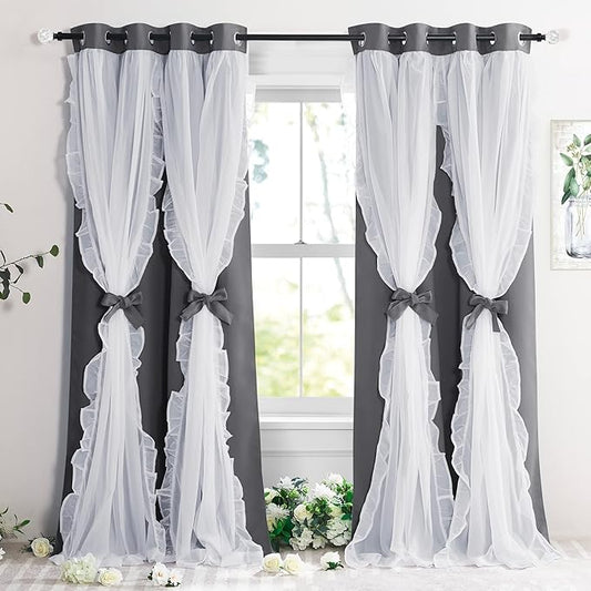 PONY DANCE Shabby Chic Curtains with Ruffle Sheer Overlay for Girls Bedroom, Double Layer Blackout Drapes,Farmhouse Rustic Design, W 52 x L 95 Inches, Grey, 2 Panels