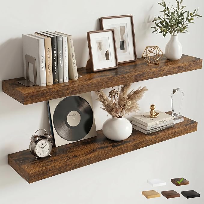 40 Inch Floating Shelves for Wall, 8"D Wood Storage Shelves, Brown Finish | Engineered Wood, Invisible Bracket, Large Storage, Easy Install, Hold Up to 66lbs, Living Room, Bathroom, Bedroom, Kitchen