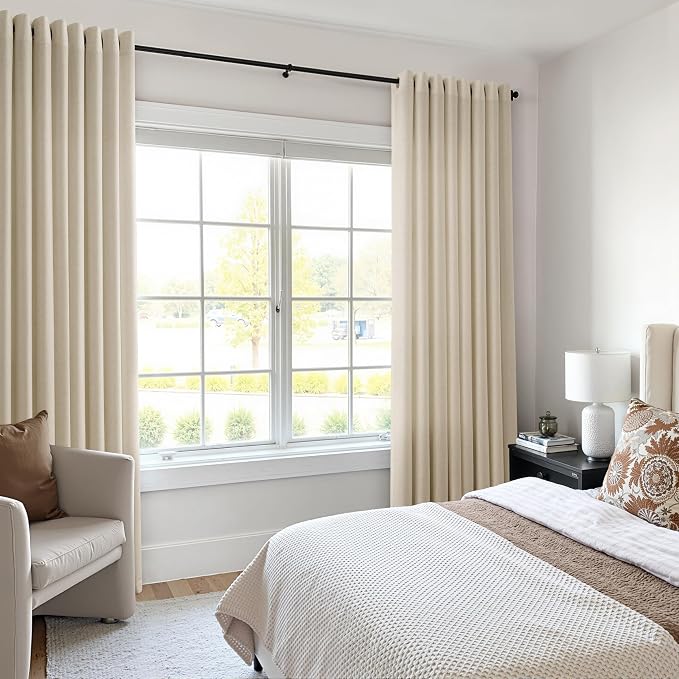 Eggshell Beige Linen Curtains 102 Inches Long for Living Room Extra Long Sheer Floor to Ceiling Light Filtering Privacy Grommet Top Drapes Modern Farmhouse Rustic Curtain for Bedroom 52x102, 2 Panel