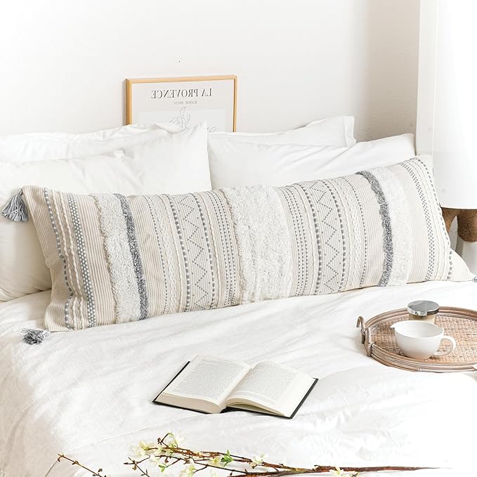 BlissBlush 20X54 Oversized Large Lumbar Pillow Cover for Bed, Rectangular Long Decorative Throw Pillowcase, Cotton Boho Accent Cushion with Gray Tufted Pattern and Tassels, Cream Neutral (Cover Only)
