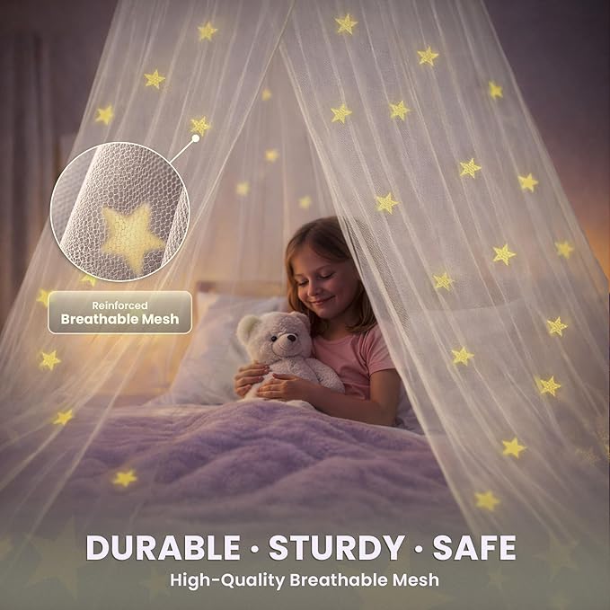 Bollepo Bed Canopy for Girls Bed with Glowing Stars - Princess Room Decor, Ceiling Net to Cover Toddler | Full, Twin Size Kids Bed, Fire Retardant Fabric (White - Stars)