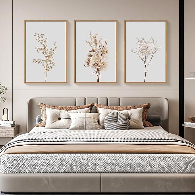 Ausril Wildflower Floral Framed Canvas Wall Art Set, Beige Botanical Wall Decor, Minimalist Nature Flower Wall Painting, Modern Boho Farmhouse Art Print for Living Room, Bedroom, Office- 16"x24"x3