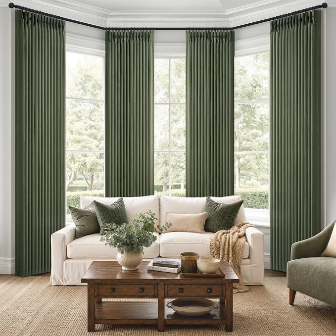 Pinch Pleated Olive Green Sheer Curtains 96 Inches Long for Living Room 4 Panels Set, Memory Trained Thick Natural Linen Light Filtering Farmhouse Bedroom Window Curtain & Drapes 8FT Length Dark Green