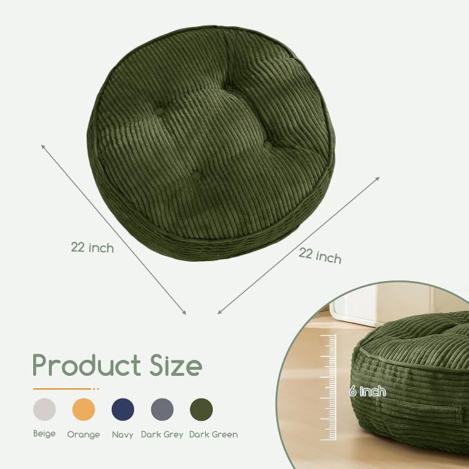 HIGOGOGO 6" Extra Thick Floor Pillow Cushion for Adults, Meditation Cushion Pillow, Large Round Floor Sitting, Tufted Corduroy Cover, for Tatami Living Room or Yoga, 22x22 Inch, Dark Green