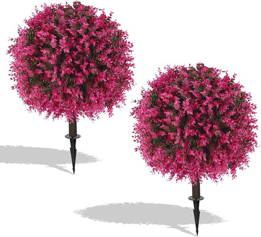 Artificial Pink Eucalyptus Topiary Ball Trees, 2 Set of 16'' UV Resistant Fake Evergreen Shrubs Bushes Plants with Ground Spike, Fake Plants for Outdoor Indoor Front Porch Garden
