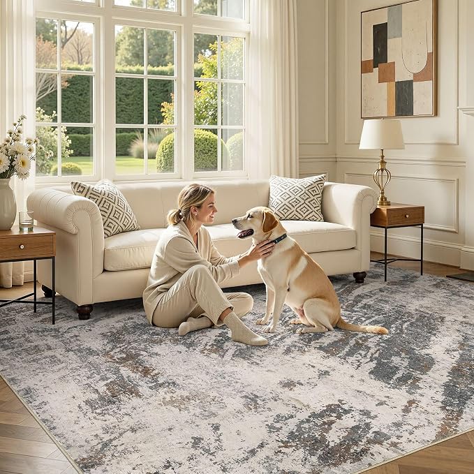 DMOYEST Area Rug Living Room Rugs - 10x12 Large Soft Indoor Neutral Modern Abstract Low Pile Washable Rug Carpet for Bedroom Dining Room Farmhouse Home Office-Dark Brown/Grey