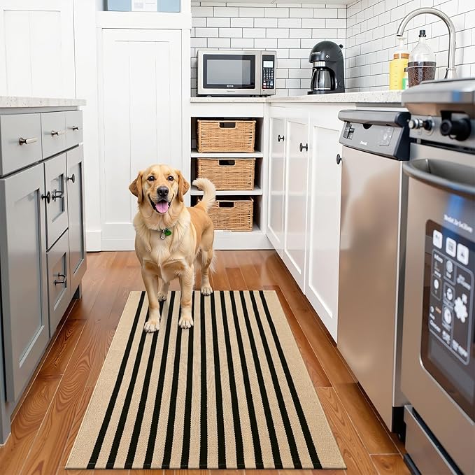 OLANLY Brown and Black Striped Rug 2' x 3' (24" x 36") – Washable Cotton Doormat for Indoor Outdoor Use, Layered Front Porch Rug for Entryway, Kitchen, Patio