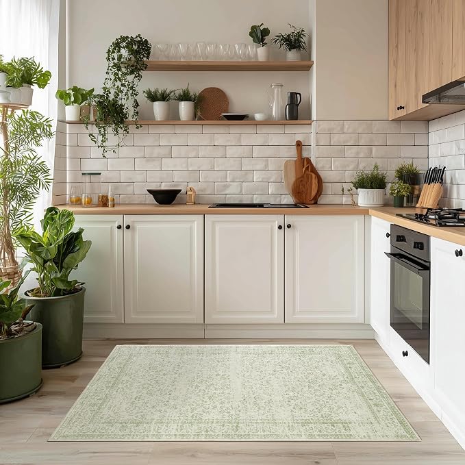Boho Font Door Mat for Indoor Entrance Washable Non Slip Vintage Floral Aesthetic 3x5 Area Rugs for Entryway Entry,Sage Green