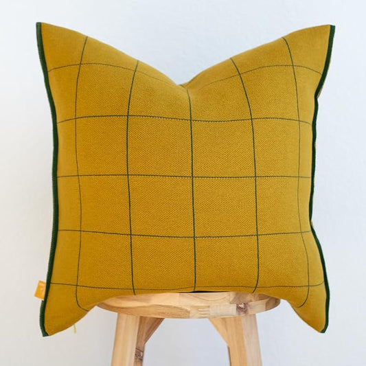 100% Soft Cotton Knitted Modern Window Pane Pillow Cover (Mustard)